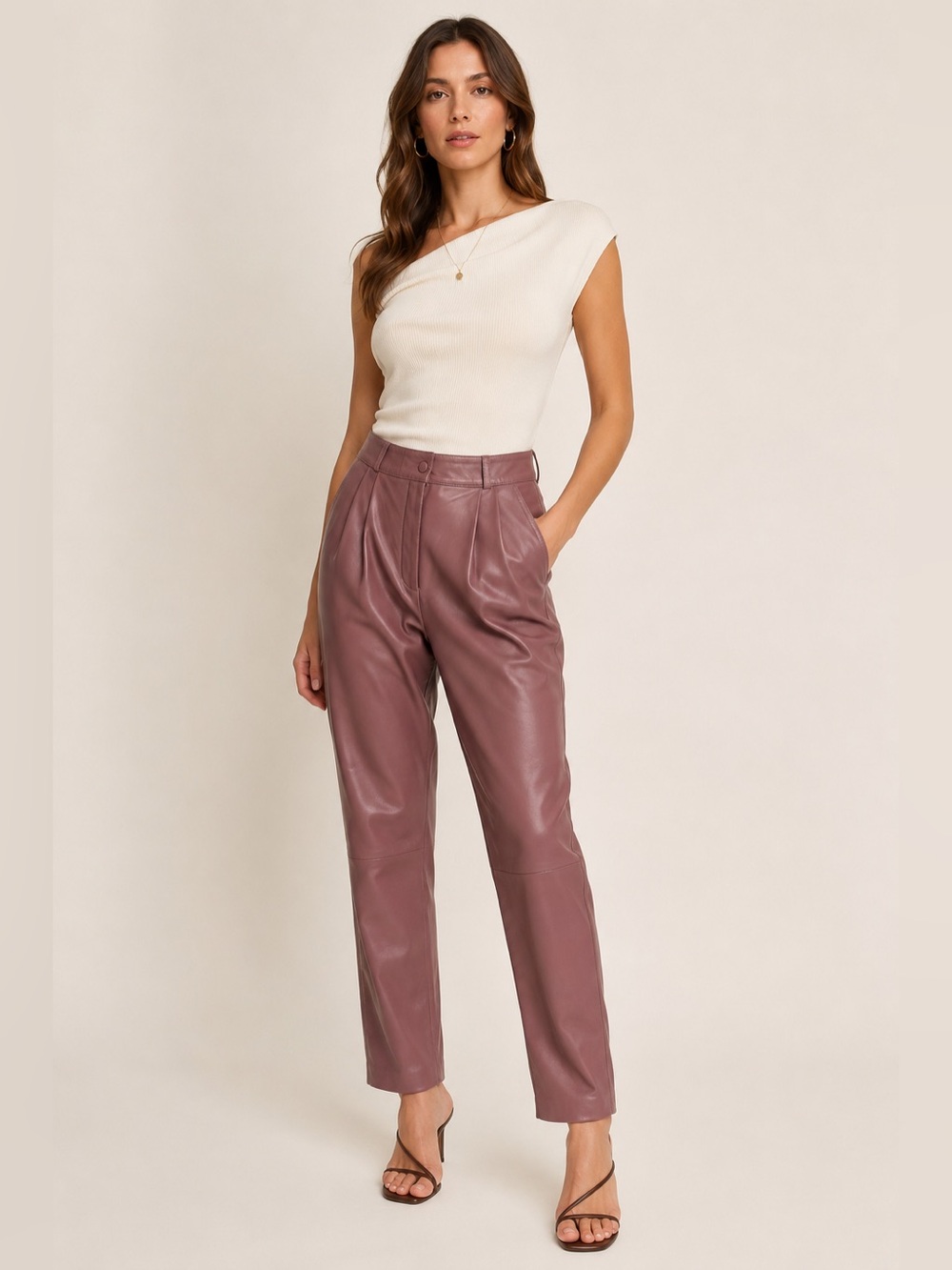 Zimmermann Tempest Straight Leg Pleated Mauve Brown Lamb Leather Pants Size 3